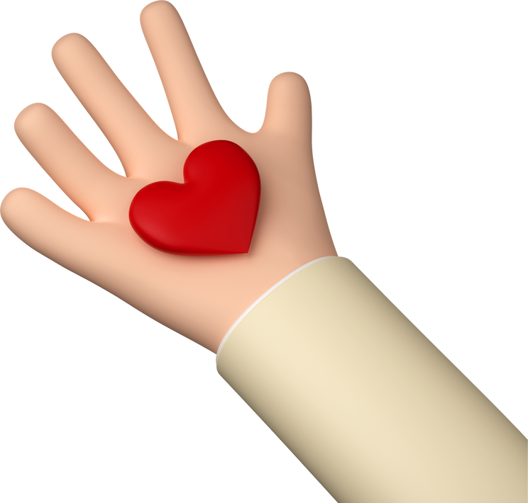 Hand holding a heart. High angle of a cartoon palm with red heart